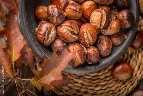 Roasted chestnuts and leaves