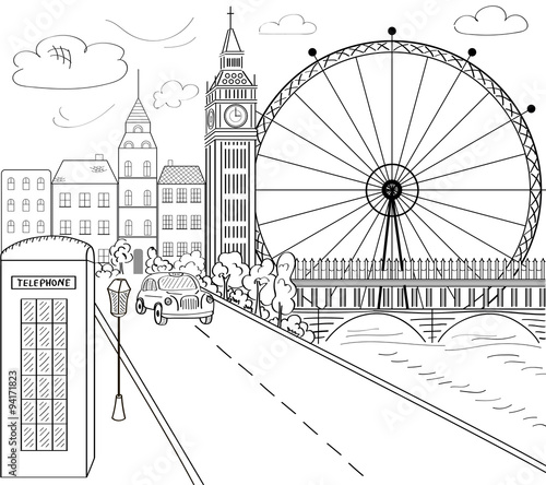 Big Ben tower in London. Vector illustration of popular attraction. The London Eye. Sketch illustration on the white background. Beautiful landscape of sightseeing. Clock tower with bridge.