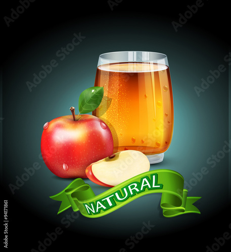 vector cup glass of apple juice with apple slices and green ribb