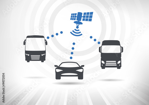 Connected Vehicles. Concept with intelligent vehicles connected via satellite. Vehicles in front view. Fully scalable vector illustration.
