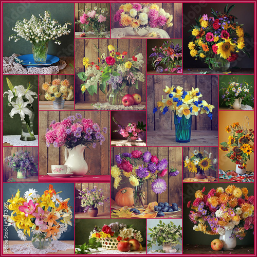 Flower background. A collage from still lifes with bouquets.