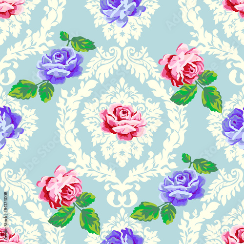 Vintage floral Grandmillenial damask pattern with pink and purple roses on blue background. Decorative cottage, shabby chic style design 
