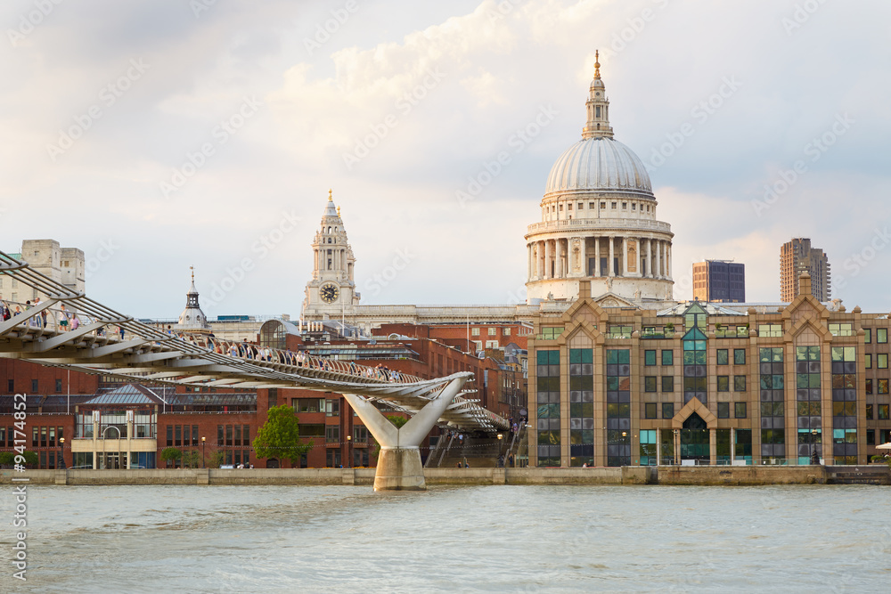 St Paul Cathedral and Millennium bridge in London afternoon