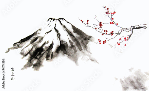 Mountain Fuji and Cherry Blossom oriental ink painting with Japanese hieroglyphs "mountain Fuji".