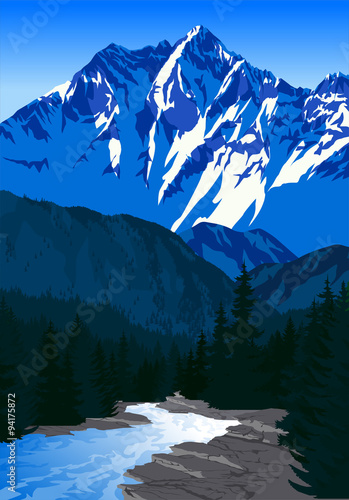 vector evening in beautiful mountains with river