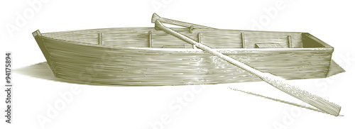 Engraved-style illustration of a wooden row boat with oars.