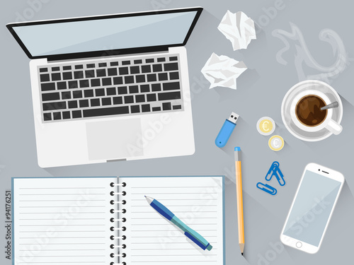 Flat style design concept of modern workspace. Top view vector illustration.