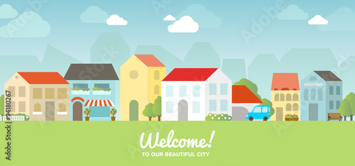 Vector city illustration in flat simple style, houses and