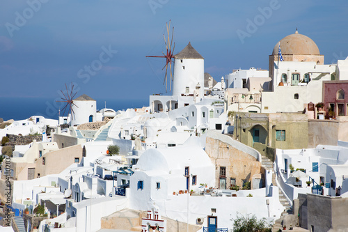 Santorini - The look to part of Oia with the windmills.