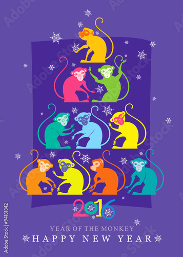 Bright New year Card. 2016. Christmas tree monkeys. 