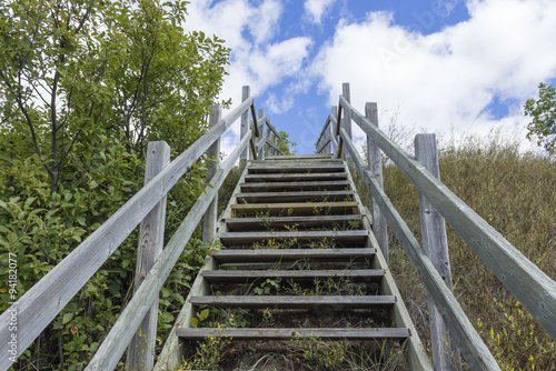 horizontal image of a long flight of wooden stairs going up a hill and out of site towards a blue sky with white cloud and green trees on one side