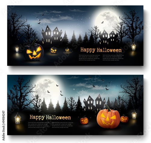 Two Holiday Halloween Banners with Pumpkins and Moon. Vector