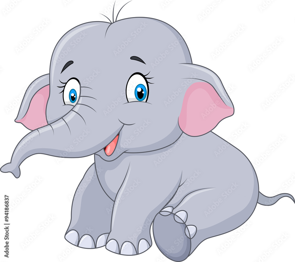 Fototapeta premium Cartoon baby elephant sitting isolated on white background