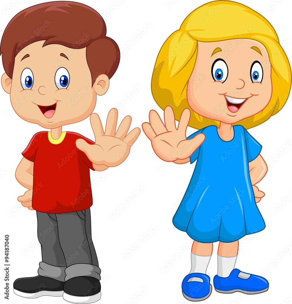 Cartoon kids are showing a stop sign isolated on white background
