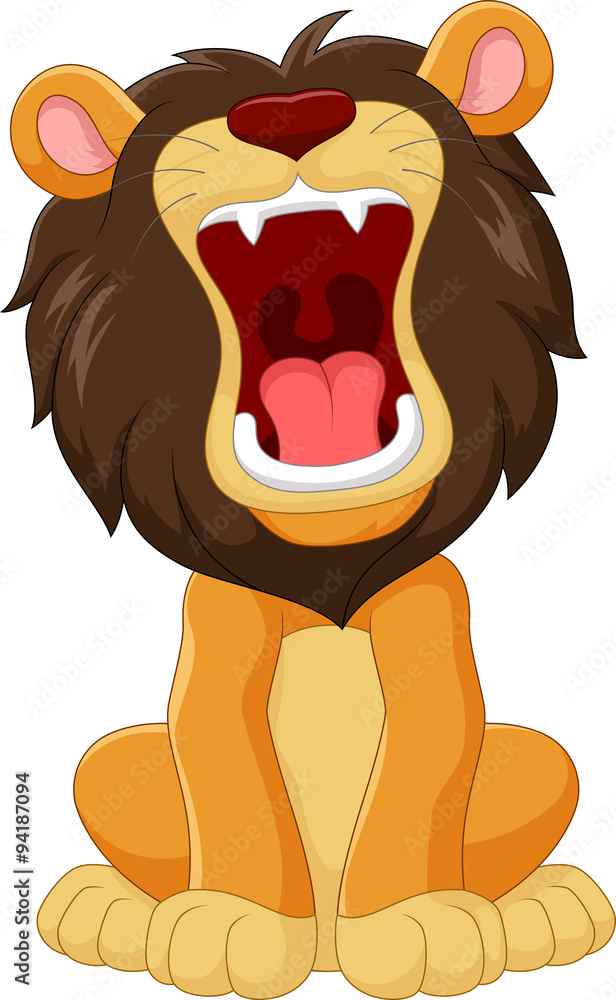 Naklejka premium Cartoon happy lion roaring isolated on white background