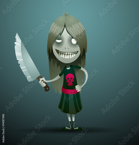 Vector image of a cute cartoon girl evil with dark hair, dressed in a black dress with a red skull, with a knife in her hand on a dark gray background. In the theme of Halloween.