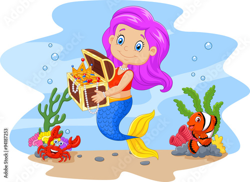 Cartoon funny mermaid holding treasure chest with underwater background