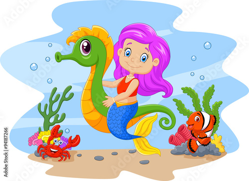 Cartoon cute mermaid riding seahorse accompanied by fish and crab #94187266
