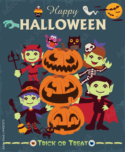 Vintage Halloween character poster design set with witch  vampire  skeleton  demon  owl