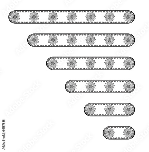 six conveyor belts with many cogwheels