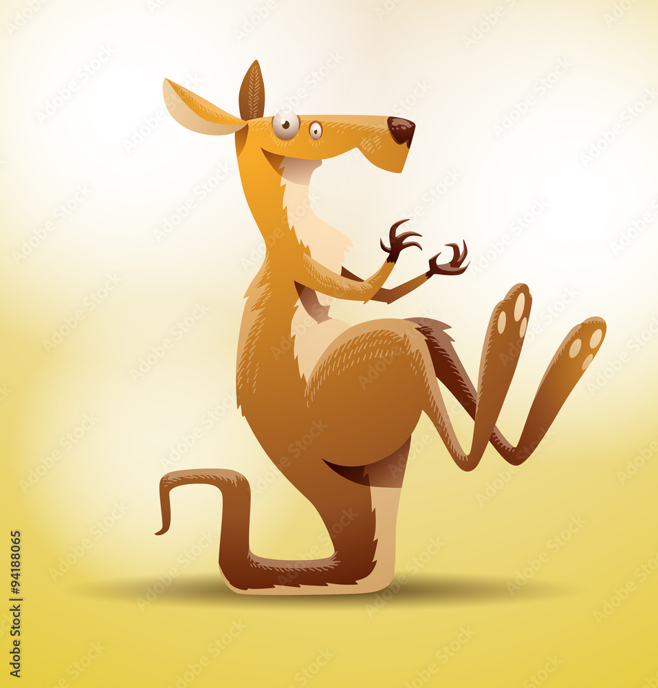 Vector funny kangaroo sitting on the tail. Image of a funny cartoon kangaroo  light brown color sitting on the tail on a yellow background. Stock Vector  | Adobe Stock