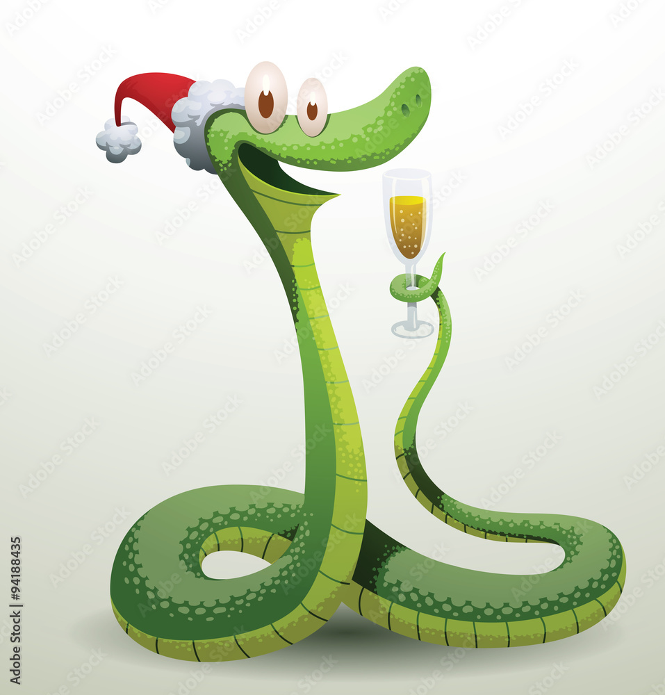 Fototapeta premium Vector Santa snake with a glass of champagne. Cartoon image of Santa-snake green color in the red hat sitting with a glass of champagne on a light background.