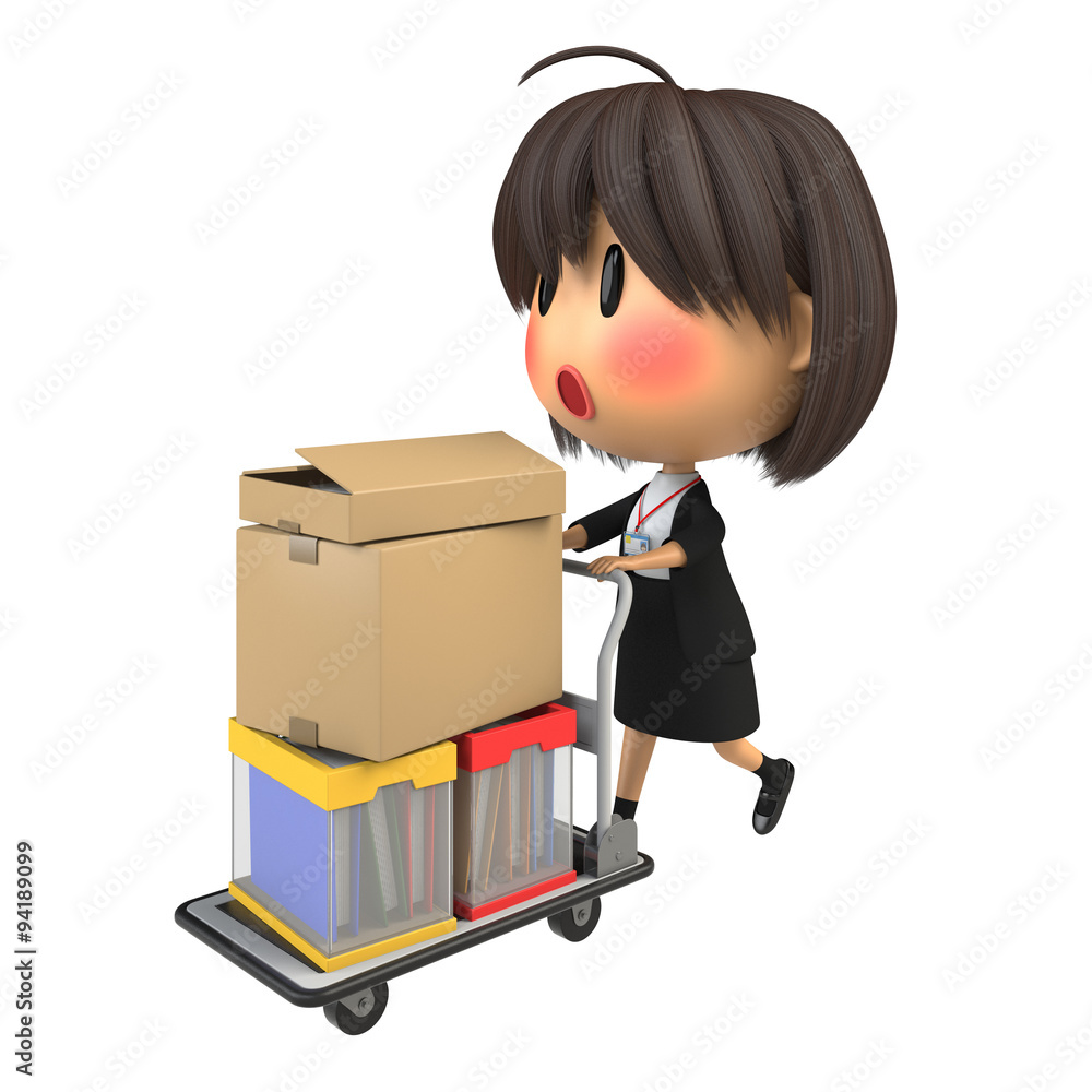 赤面しながら台車で荷物を運ぶ女性スタッフ
