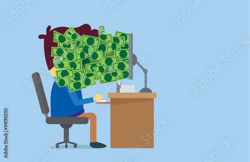 Many money out of computer screen to the man face which he is working.