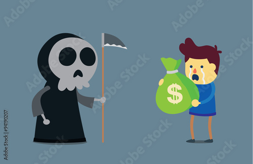 A man crying and try to bribing angel of dead with many money for buy life. But he can't do it. This illustration about health care concept and make money