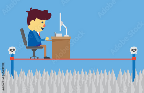 Businessman working on string which it stretch top of many spear. This illustration meaning to risk of work and business.