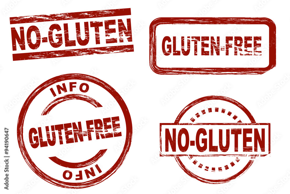Set of stylized red stamps showing the term gluten-free. All on white background. Set of stylized red stamps showing the term gluten-free. All on white background.