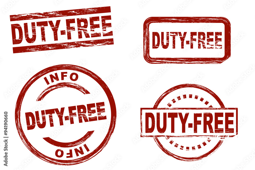 Set of stylized red stamps showing the term duty-free. All on white background. Set of stylized red stamps showing the term duty-free. All on white background.