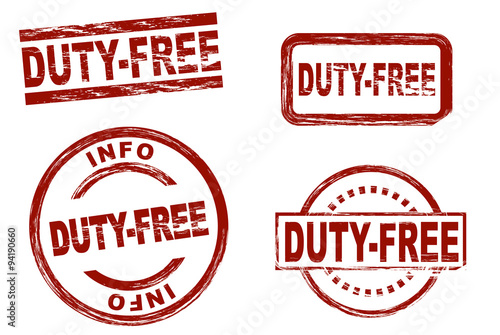 Set of stylized red stamps showing the term duty-free. All on white background.