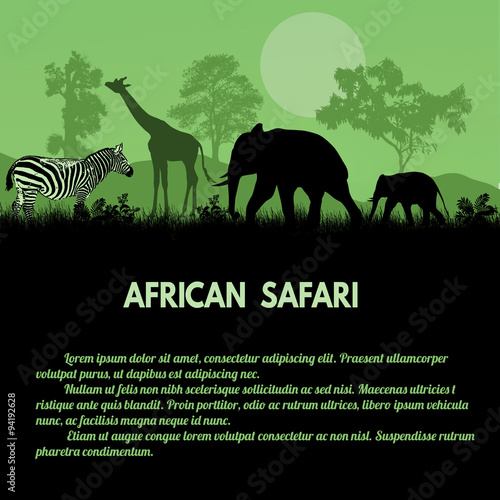 African Safari poster. Wild african animals silhouettes on green with space for your text, vector illustration