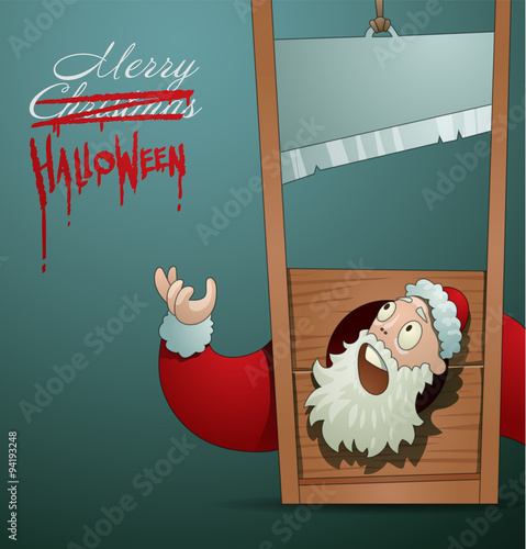 Vector cartoon image of Santa Claus in a red coat lying in a guillotine with the text in the upper left-hand corner on a dark gray background. The text is written in curves. In the theme of Halloween.