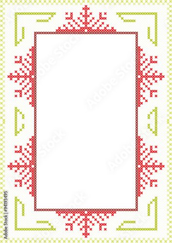 Christmas menu, card, poster design with snowflakes made from red and green stitches with copy space