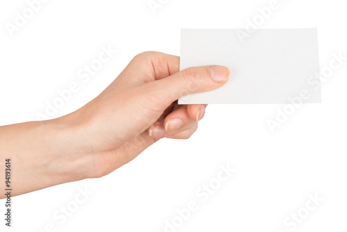 Womans hand holding vertical small empty card