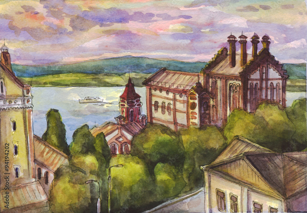 City view of the river. Watercolor painting
