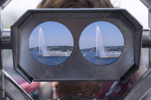 View with some binoculars Geneve jet deau in Switzerland © fresnel6