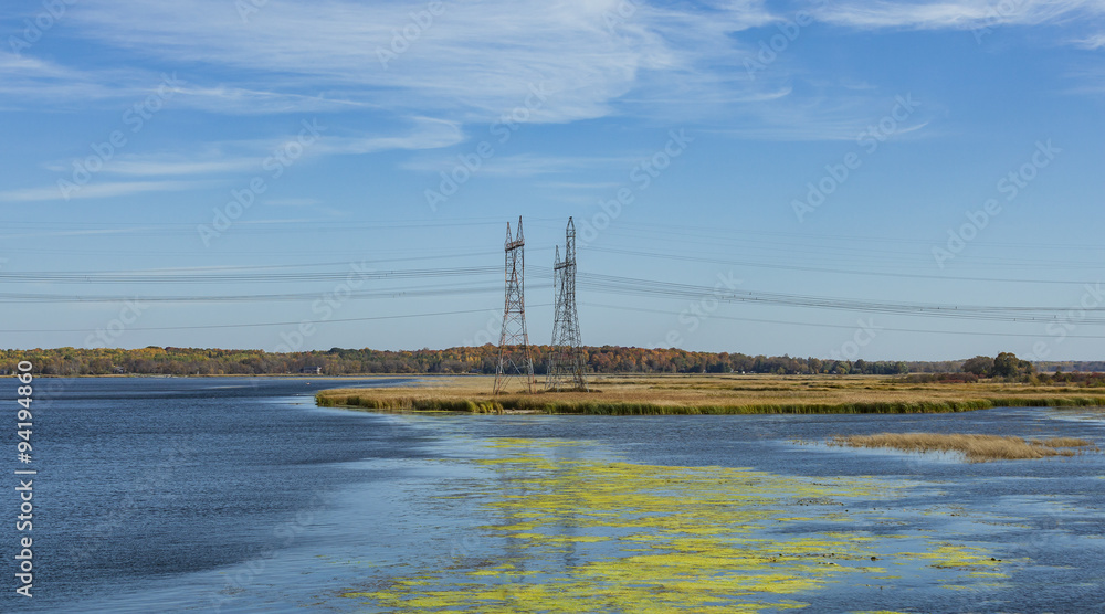 Power lines in a beautiful autumn landscape