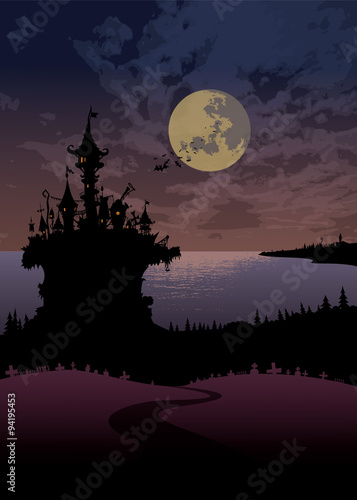 Halloween night scene landscape.Spooky castle on the lake shore under the full moon. Halloween card vector illustration © mangulica