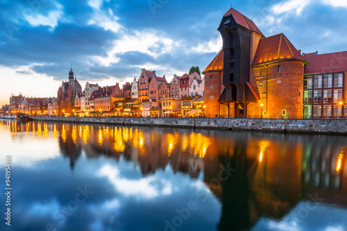 Old town of Gdansk with ancient crane at dusk, Poland