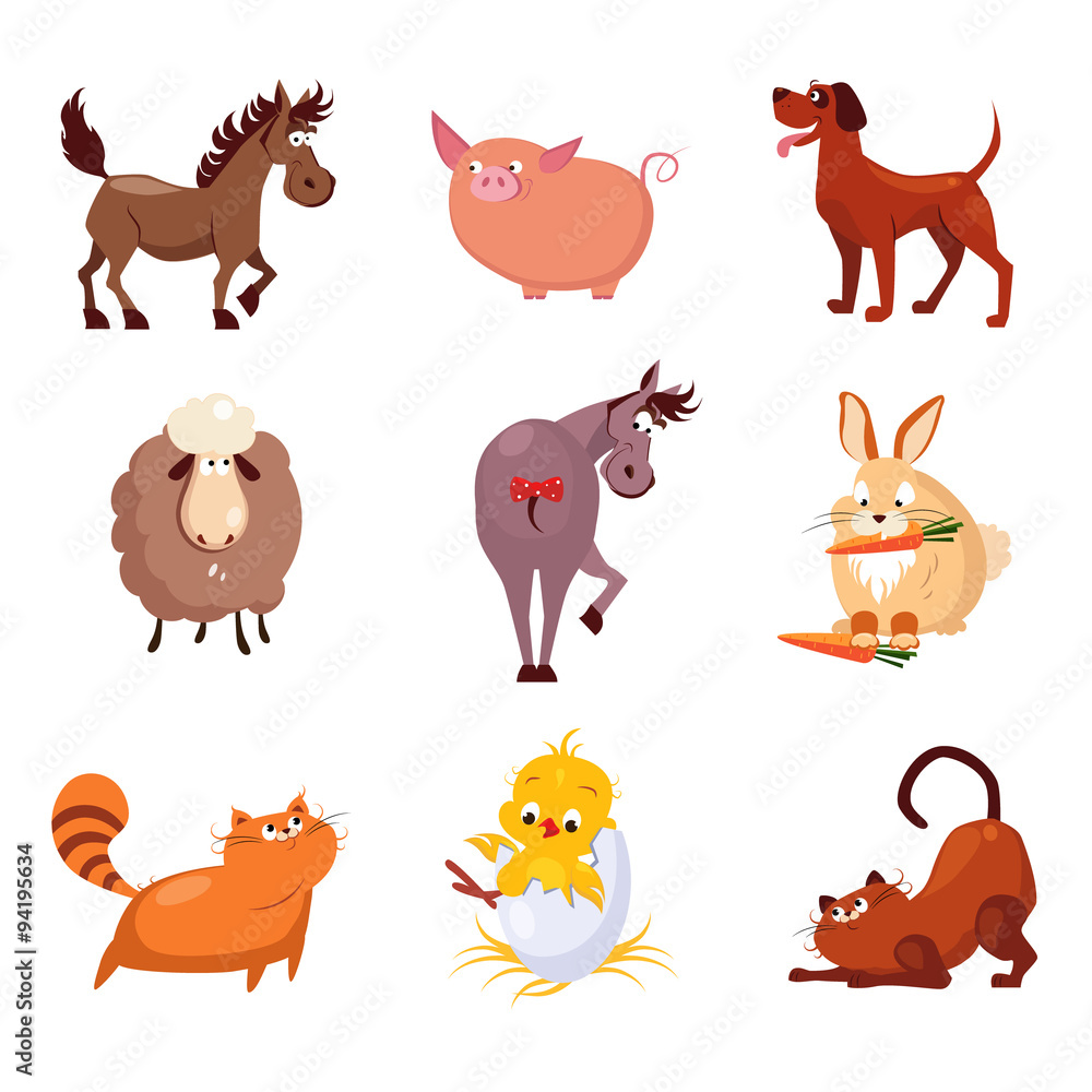 Domestic Animals and Birds Vector Illustrations Flat Design Set Domestic Animals and Birds Vector Illustrations Flat Design Set