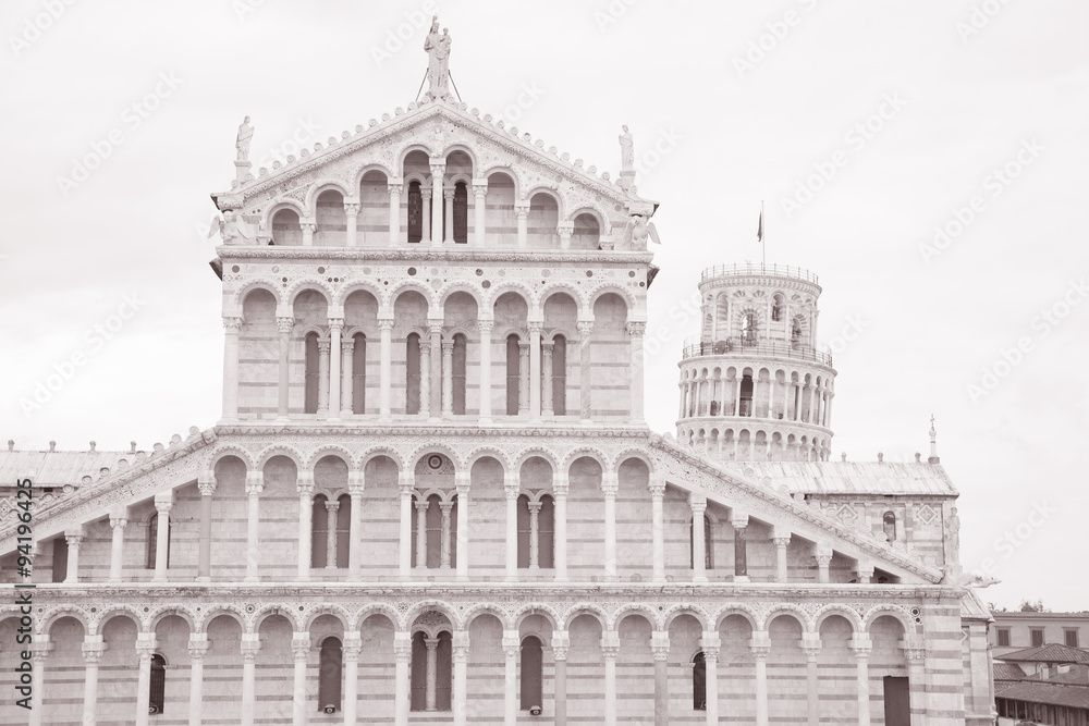 Leaning Tower and Facade of Cathedral Church in Pisa; Italy