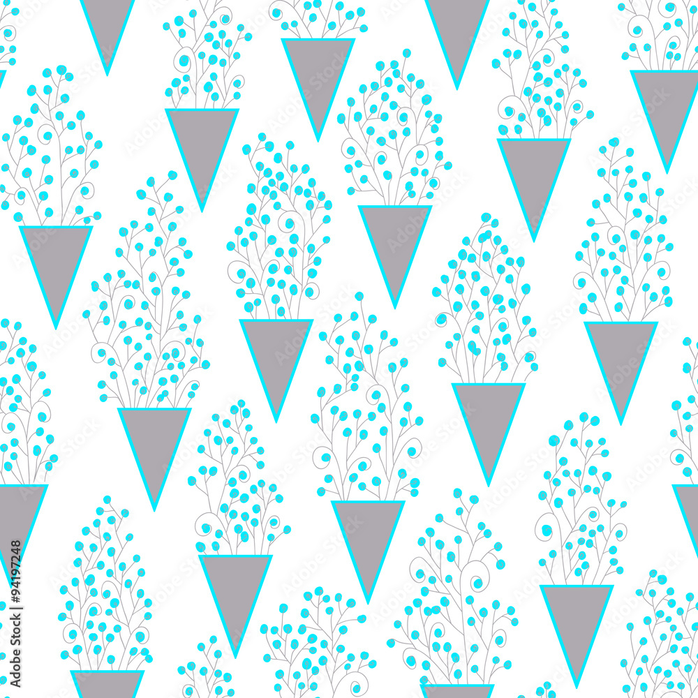 Cute seamless pattern with many small twigs abstract flowers and triangles vases. Cute seamless pattern with many small twigs abstract flowers and triangles vases.