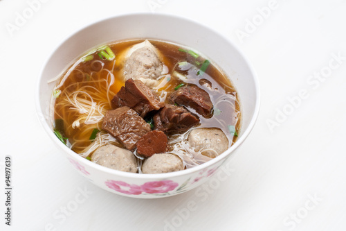 Thai noodle with beef and pork on white background 