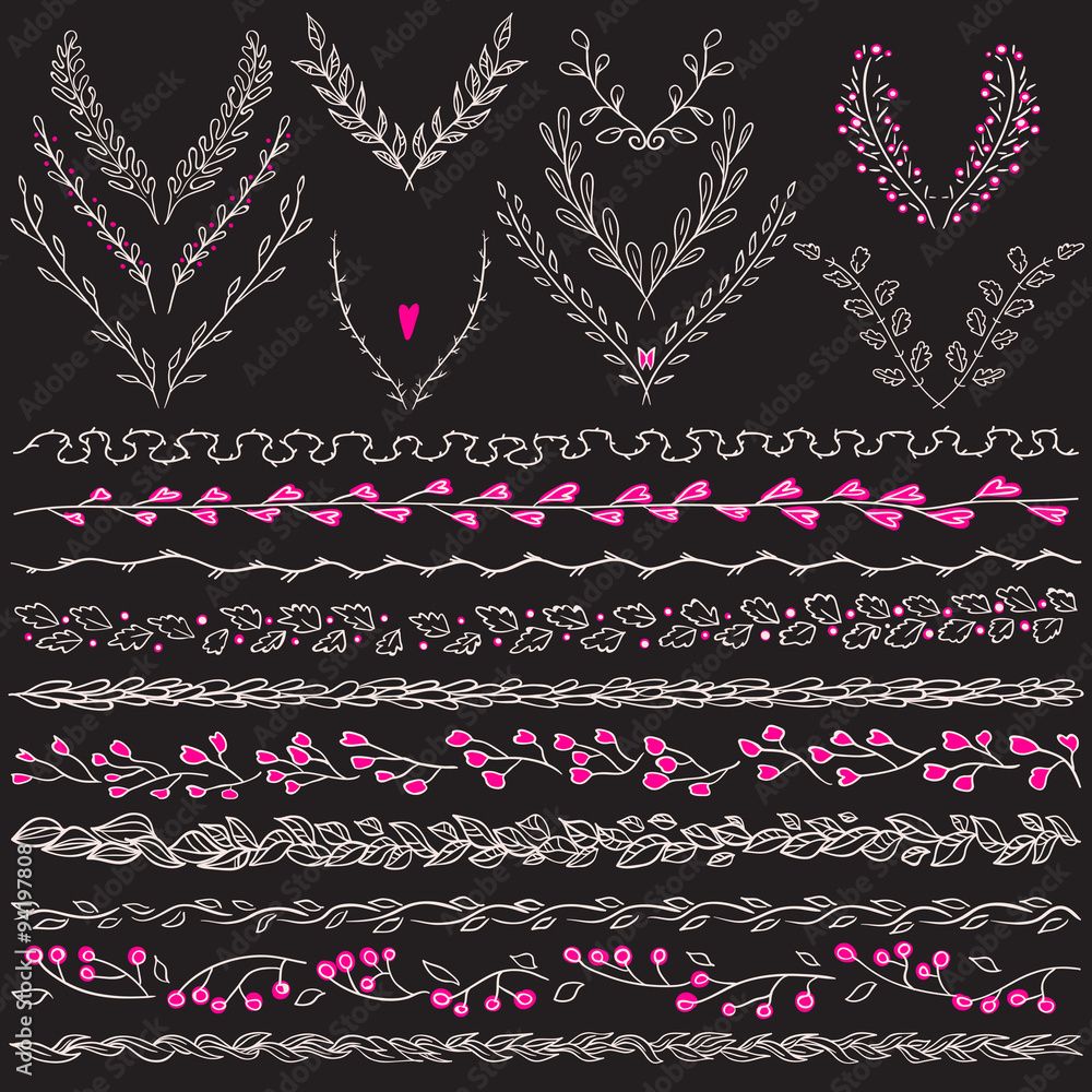 Chalkboard vector set of hand drawn floral graphic design elements ...