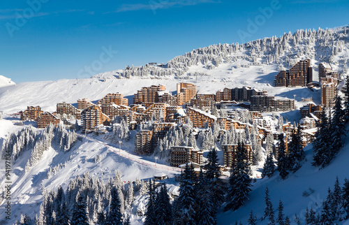 Cityscape of the town of Avoriaz in the Portes du Soleil in France on a sunny day