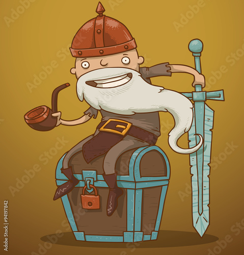 Vector cartoon image of a funny gnome with a white beard dressed in a gray suit of armor and a red helmet sitting on a brown chest with a pipe in his hand on a yellow-brown background.