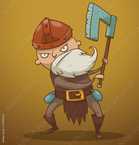 Vector funny gnome with an ax. Cartoon image of a funny gnome with a white beard dressed in a gray suit of armor and a red helmet standing with an ax in his hands on a yellow-brown background.